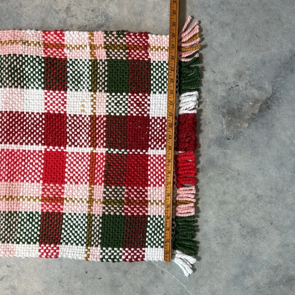 Handwoven Plaid Door Mat in Red, Green & Pink